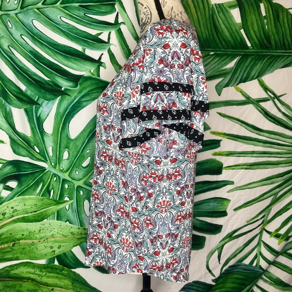 Loft XS Maximalist Floral Leaf Print Office Spring Tiered Ruffle Sleeve Blouse - Picture 3 of 8